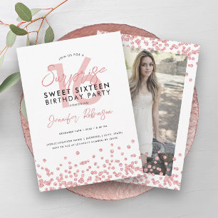 Rose Gold Glitter Photo Surprise Sweet 16 Invitation