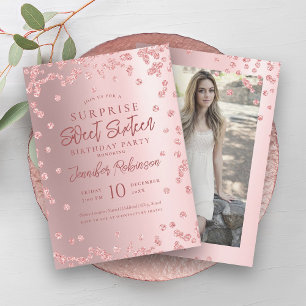 Rose Gold Glitter Photo SURPRISE Sweet 16 Invitation
