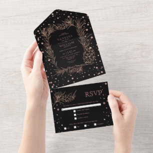 Rose gold glitter pine, confetti black wedding all in one invitation