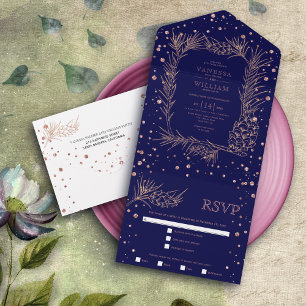 Rose gold glitter pine, confetti navy blue wedding all in one invitation