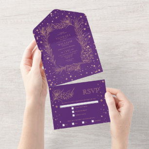 Rose gold glitter pine, confetti purple wedding all in one invitation