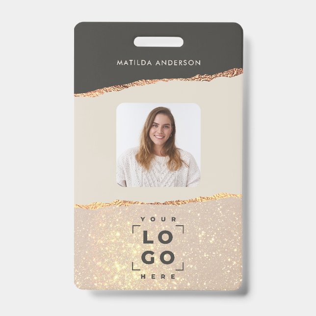 Rose gold glitter pink and black girly elegant ID badge (Front)