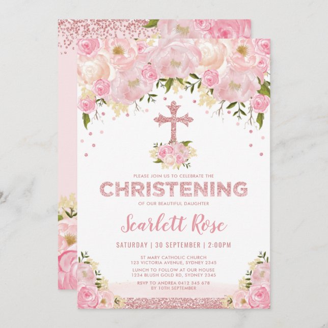 Rose Gold Glitter Pink Blush Flower Christening Invitation (Front/Back)