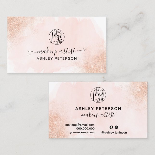 Rose Gold glitter pink brushstroke logo makeup Business Card (Front/Back)