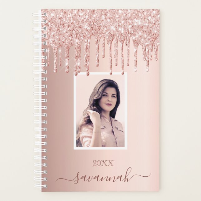 Rose gold glitter pink custom photo name planner (Front)
