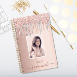 Rose gold glitter pink custom photo silver 2024 planner<br><div class="desc">A faux rose gold metallic looking background with elegant faux rose gold, pink and faux silver glitter drips, paint dripping look. Personalise and add your own photo, name and a year. The name is written in dark rose gold with a large modern hand lettered style script with swashes. To keep...</div>