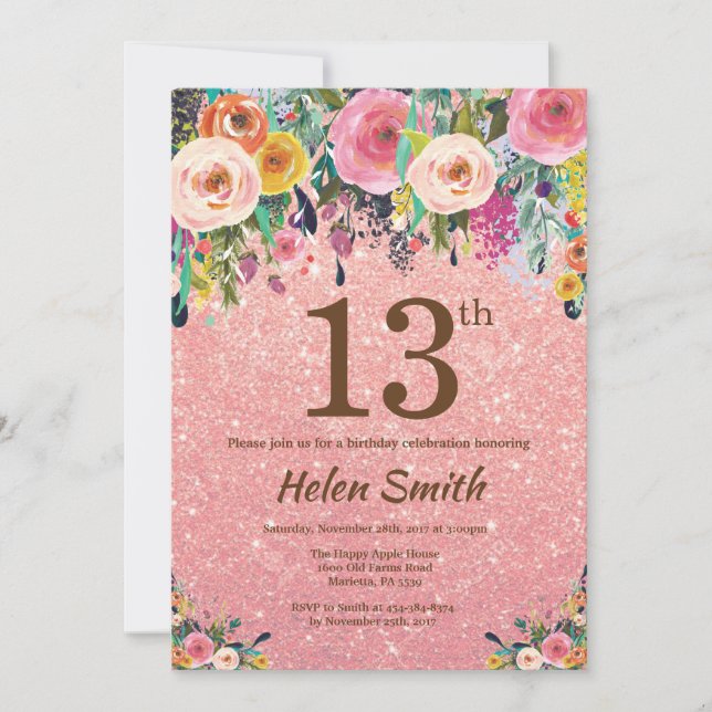 Rose Gold Glitter Pink Floral 13th Birthday Invitation (Front)