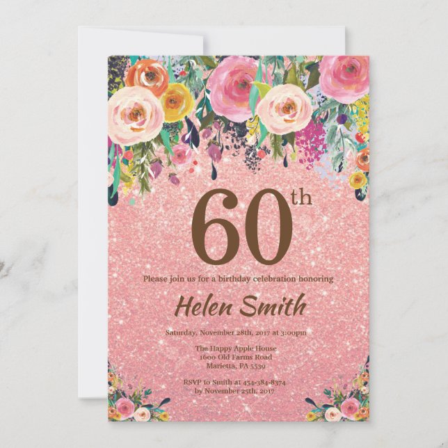 Rose Gold Glitter Pink Floral 60th Birthday Invitation (Front)