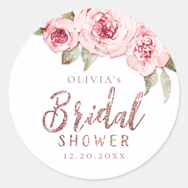 Rose gold glitter pink floral bridal shower classic round sticker (Front)