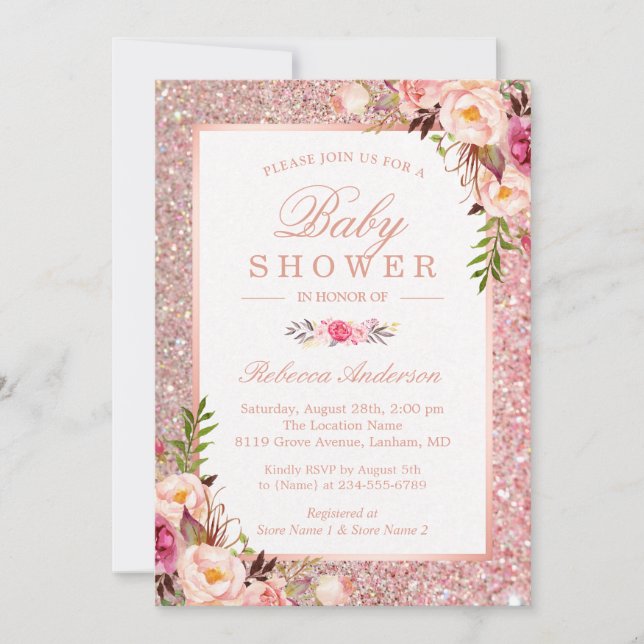 Rose Gold Glitter Pink Floral Girl Baby Shower Invitation (Front)