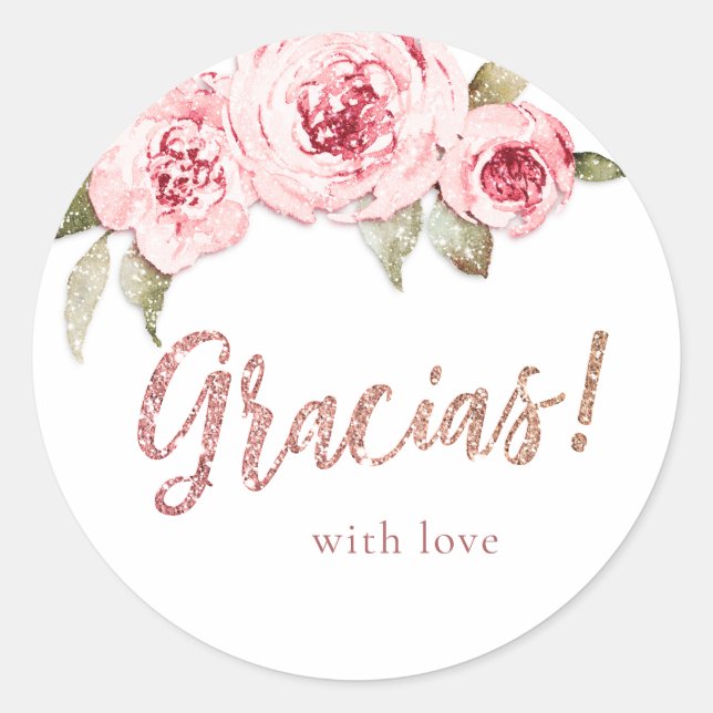 Rose gold glitter pink floral gracias favour classic round sticker (Front)