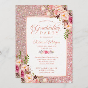 Rose Gold Glitter Pink Floral Graduation Party Invitation