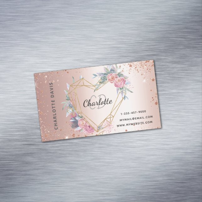 Rose gold glitter pink floral makeup hair beauty magnetic business card (In Situ)
