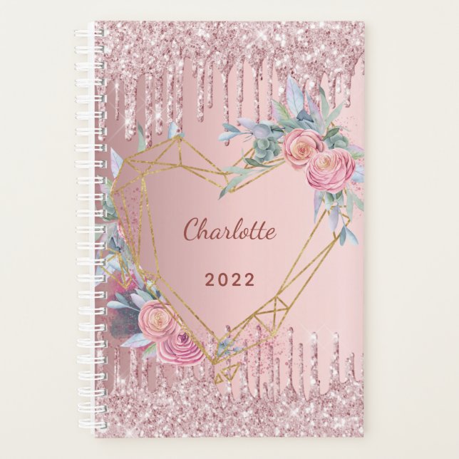 Rose gold  glitter pink floral monogram 2026 planner (Front)