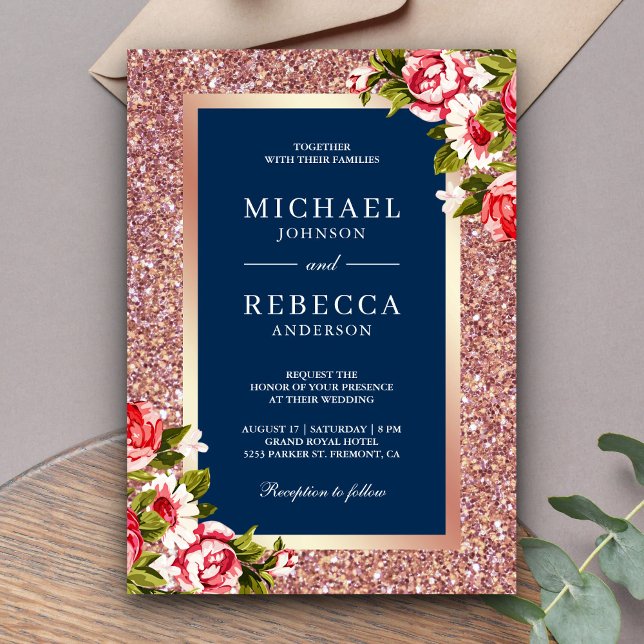 Rose Gold Glitter Pink Floral Navy Blue Wedding Invitation (Creator Uploaded)
