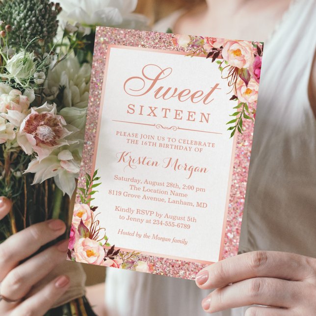 Rose Gold Glitter Pink Floral Sweet 16 Birthday Invitation (Creator Uploaded)