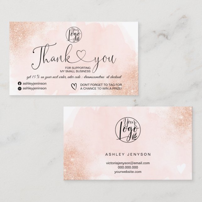 Rose Gold glitter pink heart logo thank you Business Card (Front/Back)