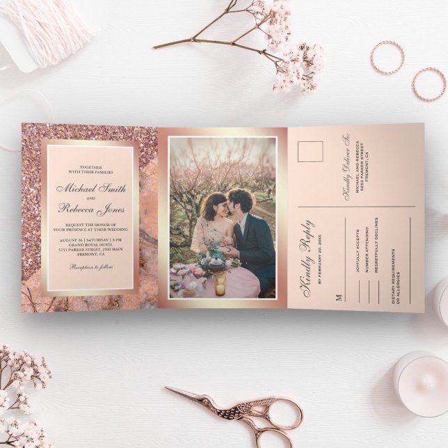 Rose Gold Glitter Pink Marble All in One Wedding Tri-Fold Invitation (Creator Uploaded)