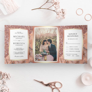 Rose Gold Glitter Pink Marble Photo Wedding Tri-Fold Invitation