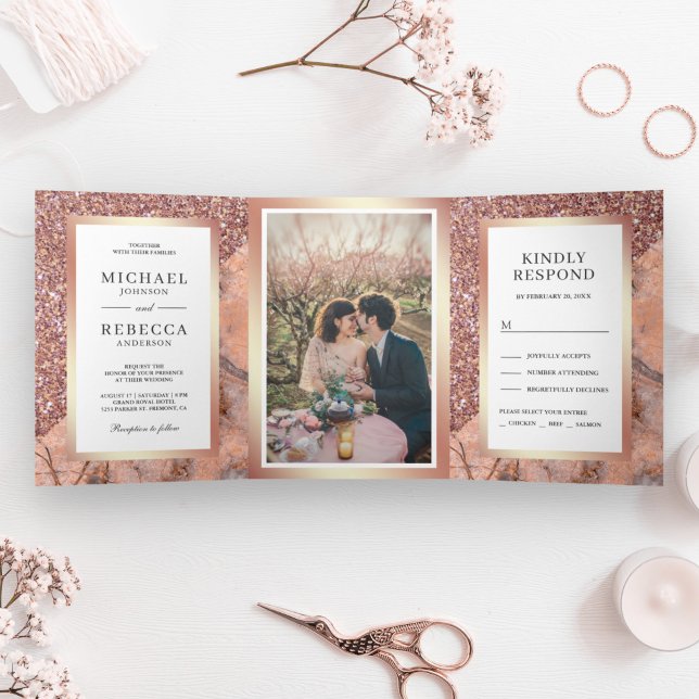 Rose Gold Glitter Pink Marble Photo Wedding Tri-Fold Invitation (Creator Uploaded)