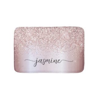 Rose Gold Glitter Pink Metal Monogram Calligraphy Bath Mat