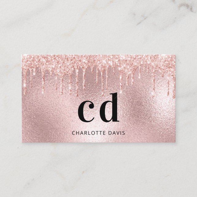 Rose gold glitter pink metallic monogram initial business card (Front)