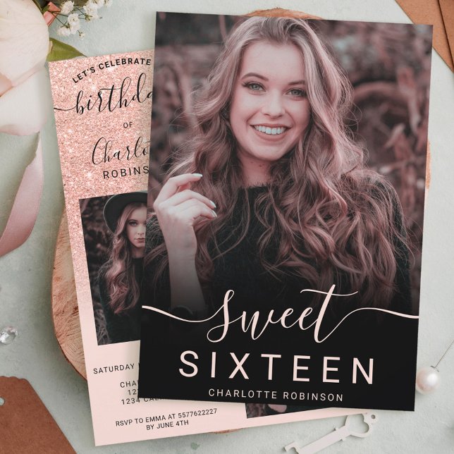 Rose gold glitter pink ombre 5 photos sweet 16 invitation (Creator Uploaded)