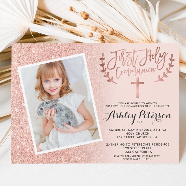 Rose gold glitter pink ombre first communion photo invitation (Creator Uploaded)