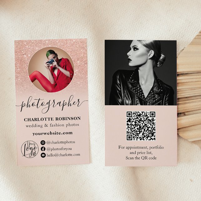 Rose Gold glitter pink photo qr logo photographer Business Card (Rose Gold glitter pink photo qr logo photographer Business Card)