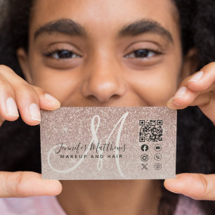 Rose Gold Glitter Pink QR Code Makeup Hair Business Card