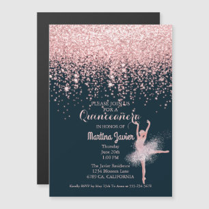Rose Gold Glitter Pink Quinceañera 15th Birthday Magnetic Invitation
