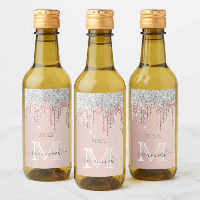 Rose gold glitter pink silver sparkle monogram wine label (Bottles)