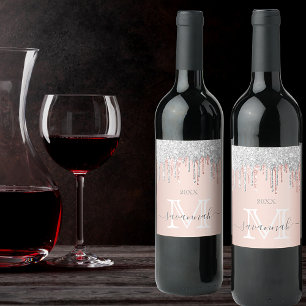 Rose gold glitter pink silver sparkle monogram wine label