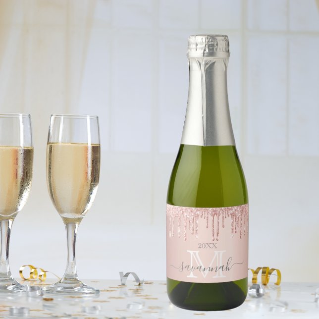 Rose gold glitter pink sparkle monogram glam sparkling wine label (Creator Uploaded)