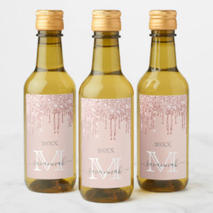 Rose gold glitter pink sparkle monogram glam wine label