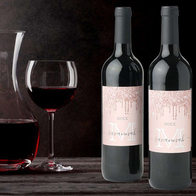 Rose gold glitter pink sparkle monogram wine label (Creator Uploaded)