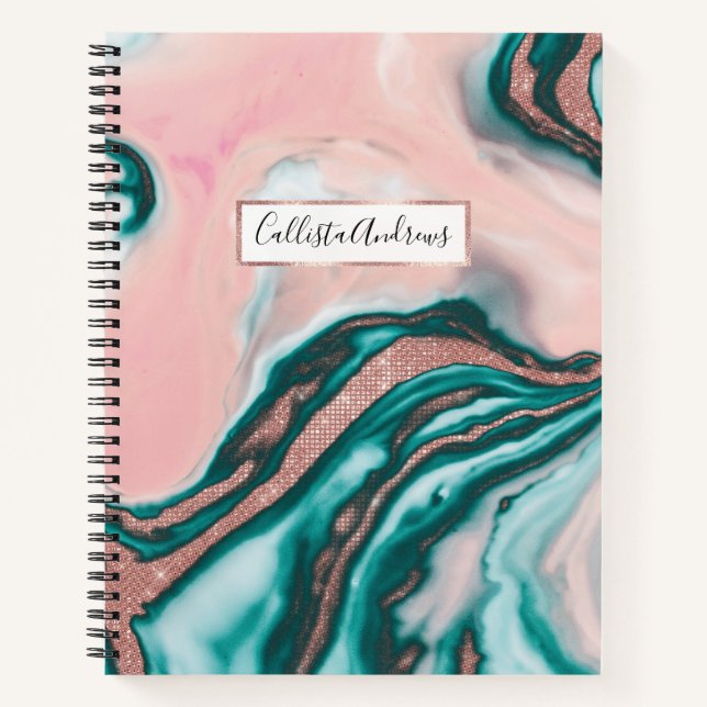 Rose Gold Glitter Pink Teal Swirly Painted Marble Notebook (Front)