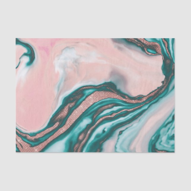 Rose Gold Glitter Pink Teal Swirly Painted Marble Tissue Paper (Front)
