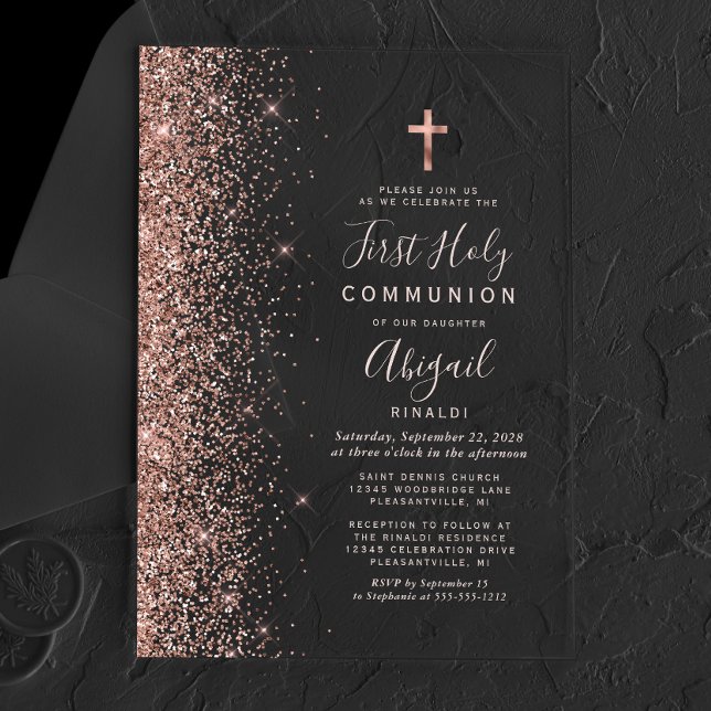 Rose Gold Glitter Pink Text First Holy Communion Acrylic Invitations (Creator Uploaded)