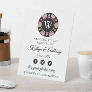 Rose Gold Glitter Poker Chip Casino Wedding Pedestal Sign