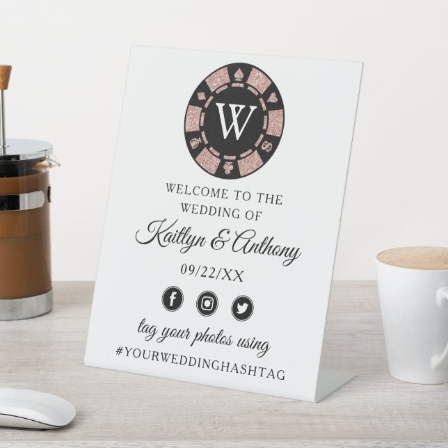 Rose Gold Glitter Poker Chip Casino Wedding Pedestal Sign (In SItu)