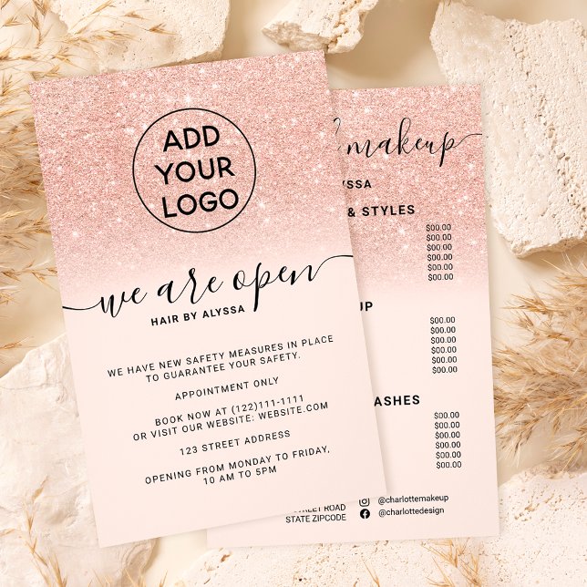 Rose gold glitter prices logo pink We're open Flyer (Creator Uploaded)