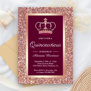 Rose Gold Glitter Princess Crown Pink Quinceanera Invitation