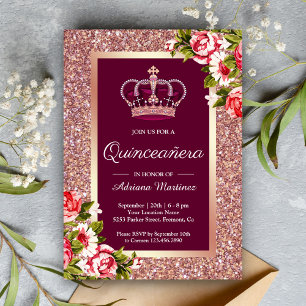 Rose Gold Glitter Princess Pink Floral Quinceanera Invitation