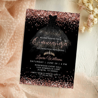 Rose Gold Glitter Princess Quinceañera Birthday Invitation