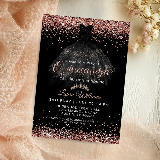 Rose Gold Glitter Princess Quinceañera Birthday Invitation (Black & Rose Gold Princess Dress quinceañera Birthday Invitation)