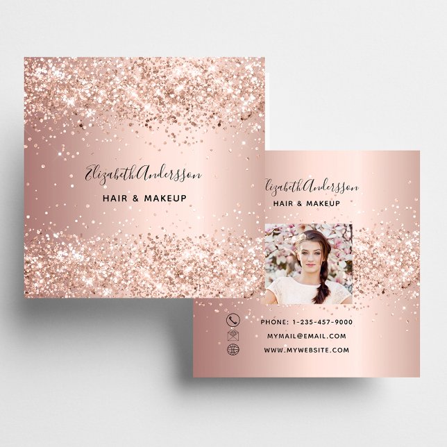 Rose gold glitter profile photo square business card (Creator Uploaded)