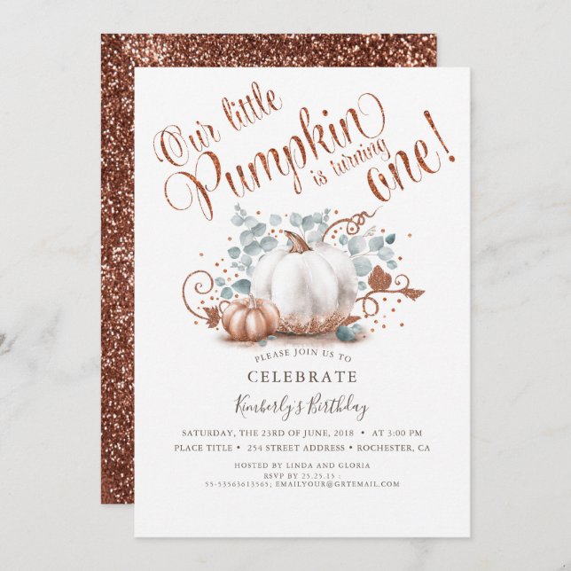 Rose Gold Glitter Pumpkin Fall 1st Birthday Invitation (Front/Back)
