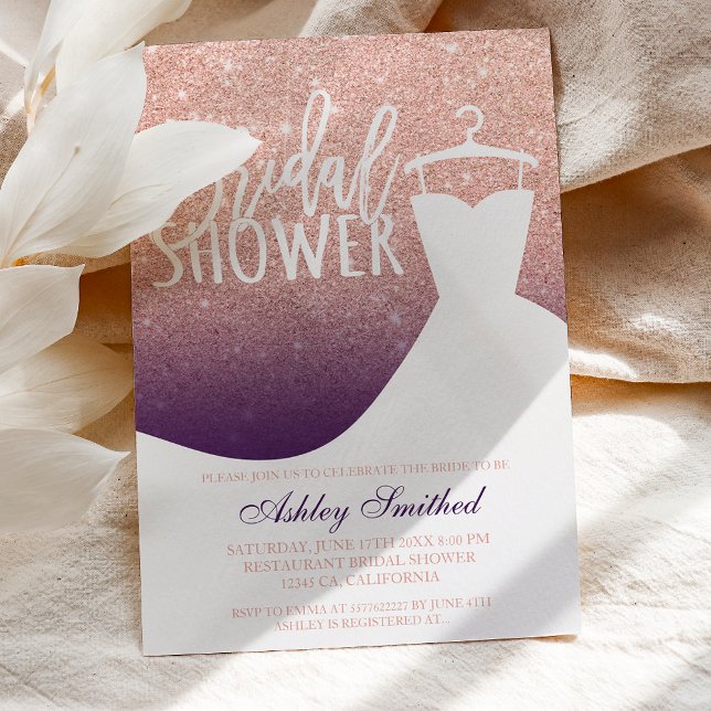 Rose gold glitter purple chic dress Bridal shower Invitation (Creator Uploaded)