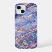 Rose Gold Glitter Purple Opal Gem Marble Monogram